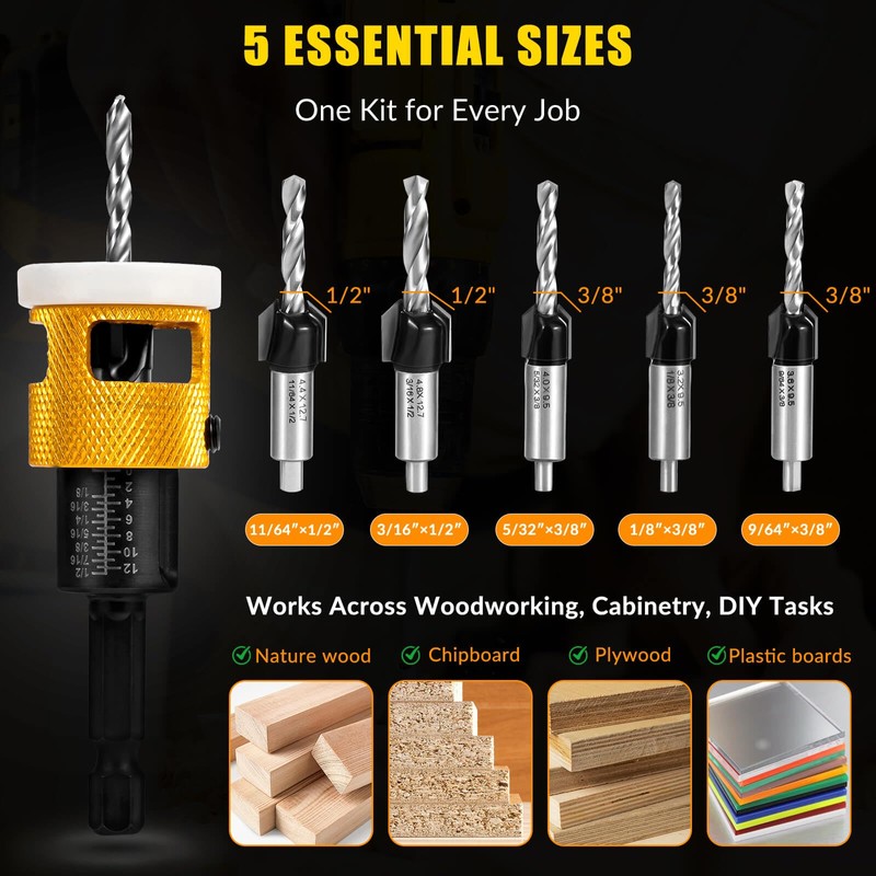 5PCS Countersink Drill Bit Set, Low Friction Depth Stop, 1/8