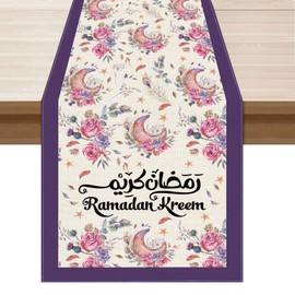 BOTB LIHM Eid Al-Fitr Ramadan Kareem Watercolor Moons Flowers Table Runner Burlap Table Decoration for Home Kitchen Dining Dinner Indoor Holiday Farmhouse Decor 13x72 Inch