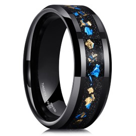 King Will Mens 8mm Black Tungsten Carbide Wedding Ring Blue and Gold Foils Inlay Tungsten Ring Beveled Edge Comfort Fit 9.5