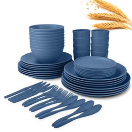 Wrova 64-Piece Service for 8 Dinnerware Set - Unbreakable Wheat Straw Dinnerware sets of 64 - Dinner plates/Snack plates/Cereal bowls/Drinking Cups/Cutlery for Outdoor camping and indoors.Blue