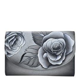 Anna by Anuschka Ladies Genuine Leather Handpainted Large Tri-Fold Checkbook Clutch Purse Romantic Rose Black One Size
