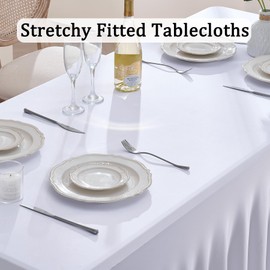 White Stretchy Spandex Tablecloth for 1.8 m Rectangular Table, Washable and Wrinkle-Free Stretch Tablecloth Rectangular for Parties, Events, Weddings, Banquets, [183L x 76W x 74H] cm