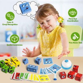 Montessori Wooden Face-Changing Puzzle Blocks - Brain Teaser Building Cube Board Game for Kids Ages 3+ | Educational Matching Toy for Toddlers, Fun & Creative Learning Activity