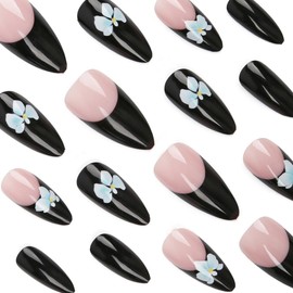 24Pcs Medium Press on Nails Black French Tip Fake Nails Almond Shaped False Nails Summer Acrylic Nails with Flower Designs Glossy Full Cover Reusable Glue on Nails for Women and Girls