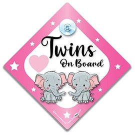 Twins On Board Sign Pink Elephant, Baby On Board Sign, Grandchild On Board Car Sign, High Visibility Advisory Car Sign Designed to Let Other Road Users Baby is in The Car, 14 cm x 14cm x 2cm