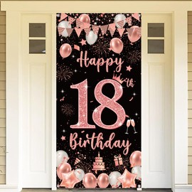 18th Birthday Decoration Banner Black Rose Gold - Happy 18th Birthday Background Door Banner 18th Birthday Decoration, Birthday Banner for 18 Years Girls Birthday Party 185 x 90 cm