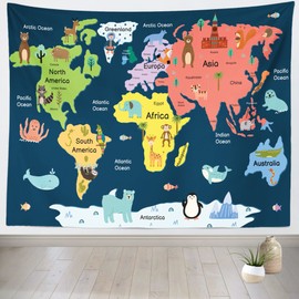 Loccor 9x6ft Animal World Map Tapestry Map of the World Cute Animals Colorful Cartoon Educational Wall Hanging Nursery School Poster Backdrop for Kids Bedroom Teacher Online Teaching Home Classroom