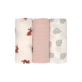LÄSSIG Baby Swaddling Blanket Burp Blanket Muslin Cloth Set of 3 Cotton 60 x 60 cm Swaddle & Burp Blanket M Little Forest Rabbit