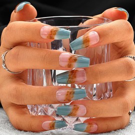 Sethexy French Handmade Press on Nail Glossy Long Coffin False Nail Blue Tip Fake Nail Autumn Salon False Nails with Design Arcylic for Women and Girls 10PCS (S)