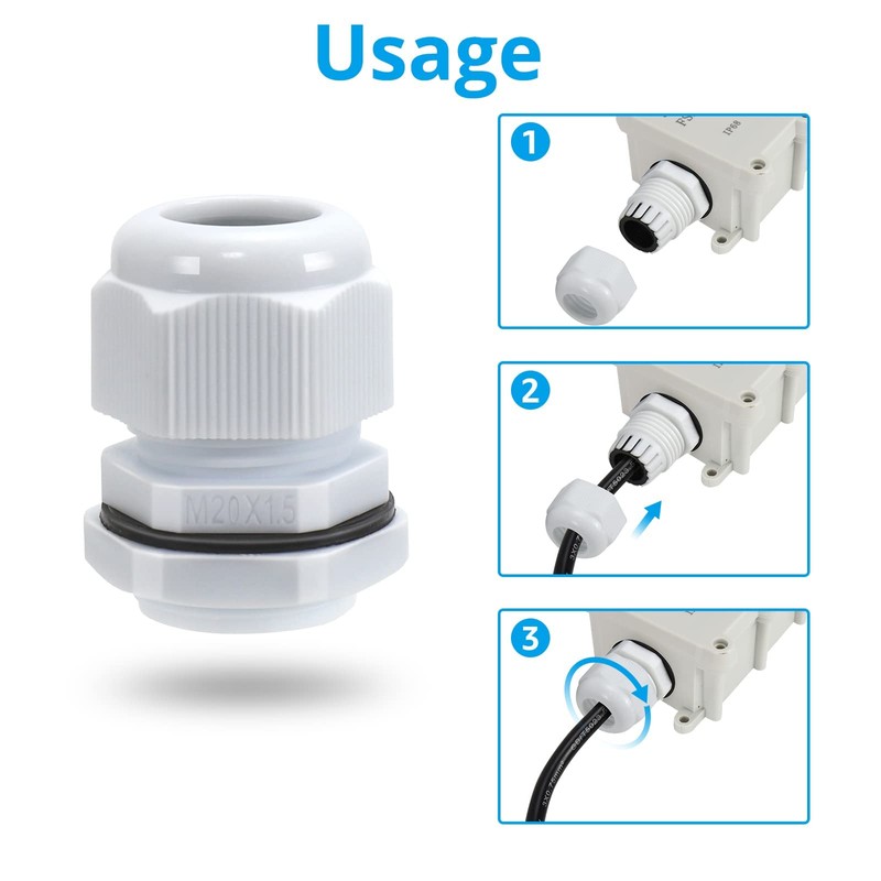 10 Pack M20 20mm IP68 Waterproof White Cable Glands, Suitable