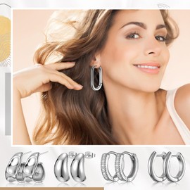 Nosiny 15 Pairs Hoop Earrings Set for Women Thick Hoop Earrings Lightweight Chunky Plated Jewelry for Valentines Mother's Day Birthday Gifts(Silver)