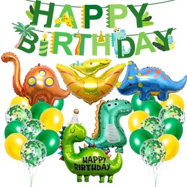 Dino Birthday Decoration Set, XXL Dinosaur Foil Balloons with Happy Birthday Garland, Dino Party Children's Birthday, Balloons Green Yellow for Dinosaur Jungle Party Birthday Decoration Boy