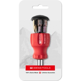 PB Swiss Tools Bit Holder Screwdriver PB 8453.V01 | 100% Swiss Made | Stubby Screwdriver with Sliding Magazine, 6 Bits C6 1/4" Slotted/Philipps/Hexagon and Magnetic Bit Holder