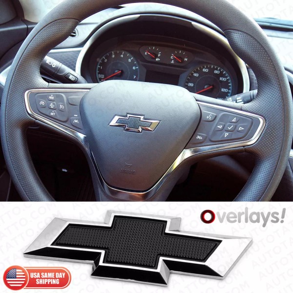 AutoTattoo Chrome Black Steering Wheel Bowtie Overlay Chevy Silverado 14-24