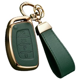 WiiLemz Key Fob Cover for Hyundai with Key Chain, Upper Leather + Soft TPU Key Cover Case Shell for Hyundai Elantra GT Ioniq Sonata Tucson 4 Buttons (GREEN)