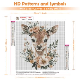 QENSPE Diamond Art Kits for Adults, DIY Diamond Painting Cute Deer, Round Full Drill, 5D Flowers Diamonds Dots Sticker Painting, Mosaic Gem Arts Craft for Home Wall Decor 30x30cm
