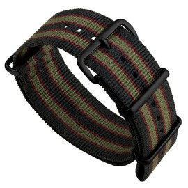 Geckota Vintage Bond 1973 British Military Nylon Mens Replacement Watch Strap. Dark Blue, Red and Olive Green Stripes. Rugged, Quick-Drying and Secure Wristwatch Strap. Black Buckle, 22 mm