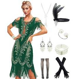 LELOVEFU 1920s Flapper Long Fringed Gatsby Roaring 20s Sequins Beaded Vintage Art Deco Dress w/ 20s Accessories Costume set