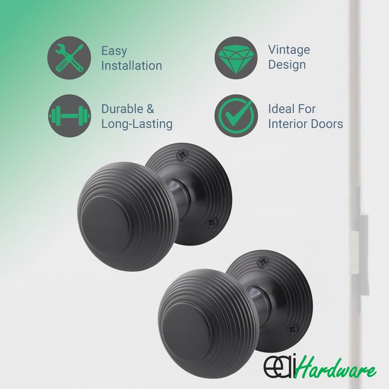 EAI Beehive Reeded Black Door Knob Set | 1 Pair