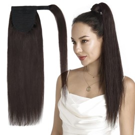 MY-LADY Ponytail Extension Human Hair 20 Inch Dark Brown Wrap Around Drawstring Real Remy Hair Ponytail Long Straight Pony Tail for Women Kids Clip in Hairpiece 95g
