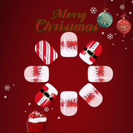 French Tip Press on Nails Short Square Santa Claus Fake Nails Christmas Glue on Nails Reusable Red White Stripes False Nails with Red Glitter Christmas Acrylic Nails for Women Nail Supplies 24Pcs