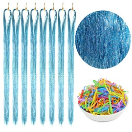 Hair Tinsel Extensions Light Blue 44 Inch Glitter Tinsel Hair Kit Sparkling Fairy Hair Accessories for Women Kids Girls 8 Pcs 200 Strands/Pcs