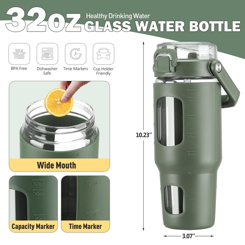 BLUEGO 32oz Glass Tumbler with Lid and Handle, Iced Coffee
