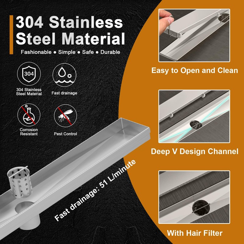 Linear Shower Drain, 28 Inch Brushed Nickle 304 Stainless Steel