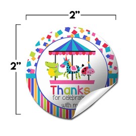 Party Animals Carousel Merry Go Round Themed Birthday Thank You Sticker Labels for Kids, 40 2" Party Circle Stickers by AmandaCreation, Great for Party Favors, Envelope Seals & Goodie Bags