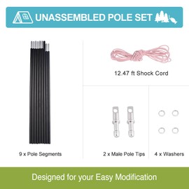 Tentilt Unassembled Tent Poles Replacement 12ft Dia.0.33", Female and Male End Tent Compatible, Aluminum Black Tent Pole Repair Kit, Dia. 8.5mm 1 Pack