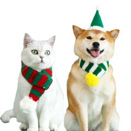 Aimondow Christmas Dog Cat Santa Scarf, Cat Winter Knitted Cute Scarf, Stripe Neck Warmer Costume for Cats Dogs, Pet Winter Clothes with Party Xmas Cosplay Gift for Pet Puppies Kitten (Red Green)