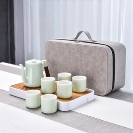 SILINE Boutique Chinese Ceramic Tea Set,Suet Jade Porcelain Teapot and 6 Tea Cups,Tea Tray and Portable Gift Bag for Home,Office,Travel,Outdoor (Green)