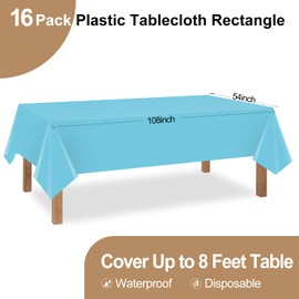 Kongdaoth Light Blue 16 Pack 54 x 108 Inch Plastic Tablecloths, Disposable Rectangle Tablecloth, Party Table Cover Plastic Table Cloth