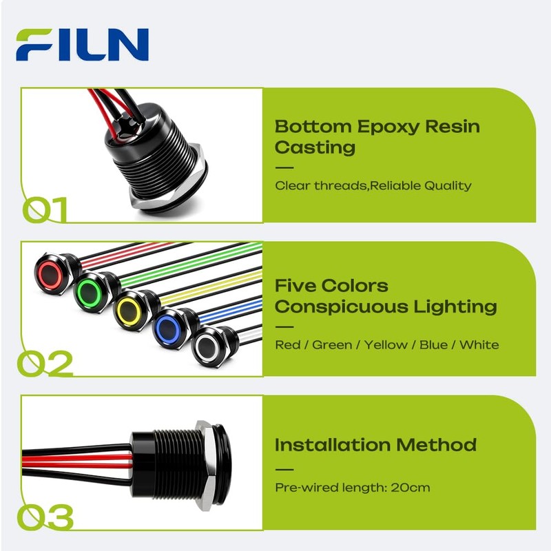 FILN 3Pcs 19mm Latching LED Push Button Switch IP67 20A