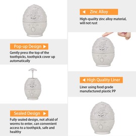 Toothpick Dispenser, Push Style Retro Automatic Toothpick Container Floral Pattern Zinc Alloy Toothpick Box Can Box Container for Home Restaurant Cafe Bar Usage (Silver)