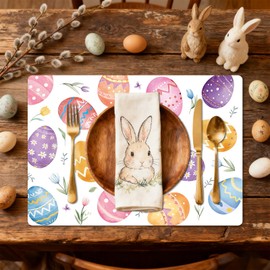 Tarklanda Easter Placemats Set of 6, 11 x 15.7 Inch Colorful Eggs Easter Plastic Placemat Decorative Spring Wildflower Washable Vinyl Dining Table Mats for Kitchen Seasonal Holiday Party