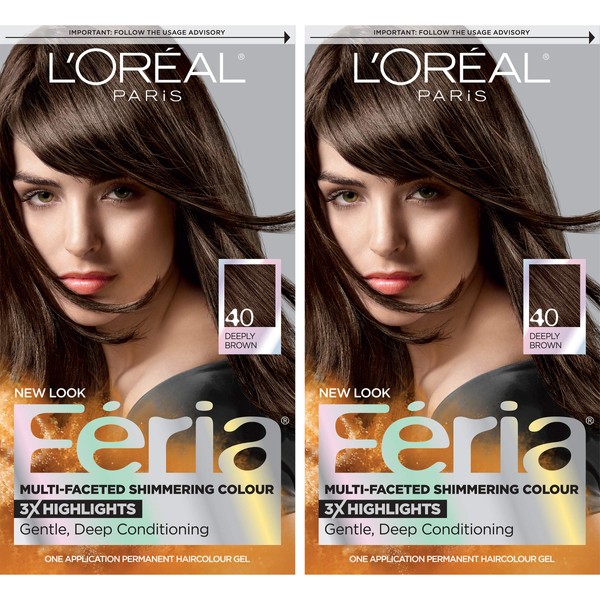 L'Oreal Paris Feria Multi-Faceted Shimmering Permanent Hair Color, 40 Espresso, Pack of 2, Hair Dye