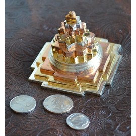 BLESSED & ENERGIZED Sri Shri Shree Meru Yantra 3D with 11 Plates in Pure Brass and gold/silver polished-3Lx3Wx2.5H Inches-For Spiritual powers, Inner Doshas & Enormous wealth