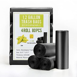 1.2 Gallon Small Garbage Bags Biodegradable 5 Liter Mini Compostable Strong Bathroom Trash Bags with Tear & Leak Resistant, Recycling Eco-Friendly Trash Can Liner, Black, 80 Counts
