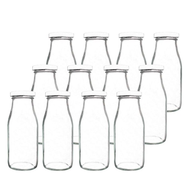 YEBODA 11oz Glass Milk Bottles with Reusable Metal Twist Lids and Straws for Beverage Glassware and Drinkware Parties, Weddings, BBQ, Picnics, Set of 12