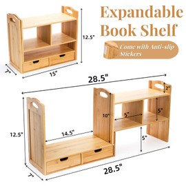 Eorbow Eorbow Bamboo Desktop Bookshelf, Expandable Counter Bookcase, Storage Shelves Rack Organizer with Anti-Slip Pads, Cute Small Desk Display Cubby Top for Office Supplies, No Assembly Needed