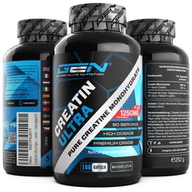 Creatine Ultra Caps – 180 Capsules with 1250 mg of Pure Creatine Monohydrate – Premium: Ultra Fine + Mesh Factor of 200 – High Dose – Laboratory Tested