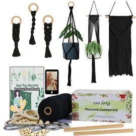 Macrame Sets for Adults Macrame kit for Making Plant Hangers with Wooden Beads Macrame Rings Metal Ring Macrame Rope Black 3mm 100M Black Macrame String