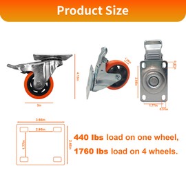 Htudcoue 4 Pcs 4 Inch Heavy Duty Casters,with Brake and Swivel Locking,4 casters Load Capacity 2200 lbs, for Furniture, Workbenches, Carts, Etc.