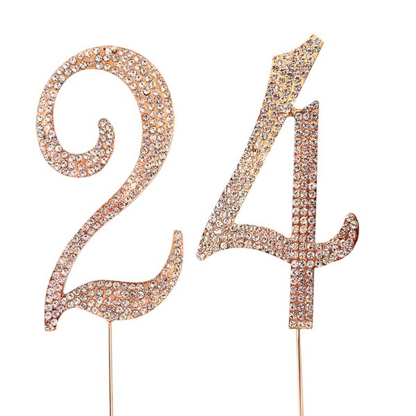 MAGJUCHE Decoración para tartas de cristal dorado de 24 pulgadas, número 24 diamantes de imitación para tartas de cumpleaños número 24, cumpleaños para hombres o mujeres, cumpleaños o 24 aniversario, suministros de decoración para fiestas