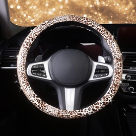 AUTOYOUTH Leopard Print Steering Wheel Cover - Bling Crystal Rhinestones Cheetah Print on PVC Leather Non-Slip Breathable Design for Women/Girls Universal Fit 14.5-15 Inch