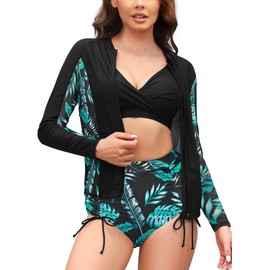 SHEKINI Women's 3-Piece Rash Guard Swimsuits with Twist Front Bikini Top with Drawstring High Waist Short, Black+Leaves