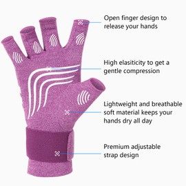 Duerer Arthritis Compression Gloves with Straps, Women Men for RSI, Carpal Tunnel, Rheumatoid, Tendonitis, Hand Pain, Hand Support. Fingerless Gloves for Computer Typing and Daily work (Purple, XL)