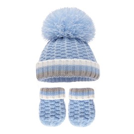 Soft Touch Baby Boys Girls Pom Pom Hat Unisex Cable Knit Twist Hat Mittens Set 0-12 Months H648 (Blue), One Size