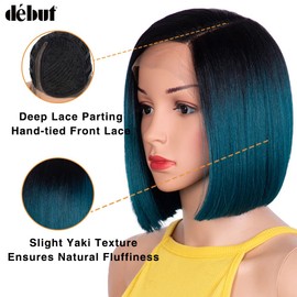 DÉBUT Ombre Blue Asymmetrical Bob Wig Left Side Parting Wig with Ear to Ear Lace Front Short Bob Synthetic Lace Front Wigs for Women Heat Resistant High Temperature Fibers Wig TT1B/DTEAL